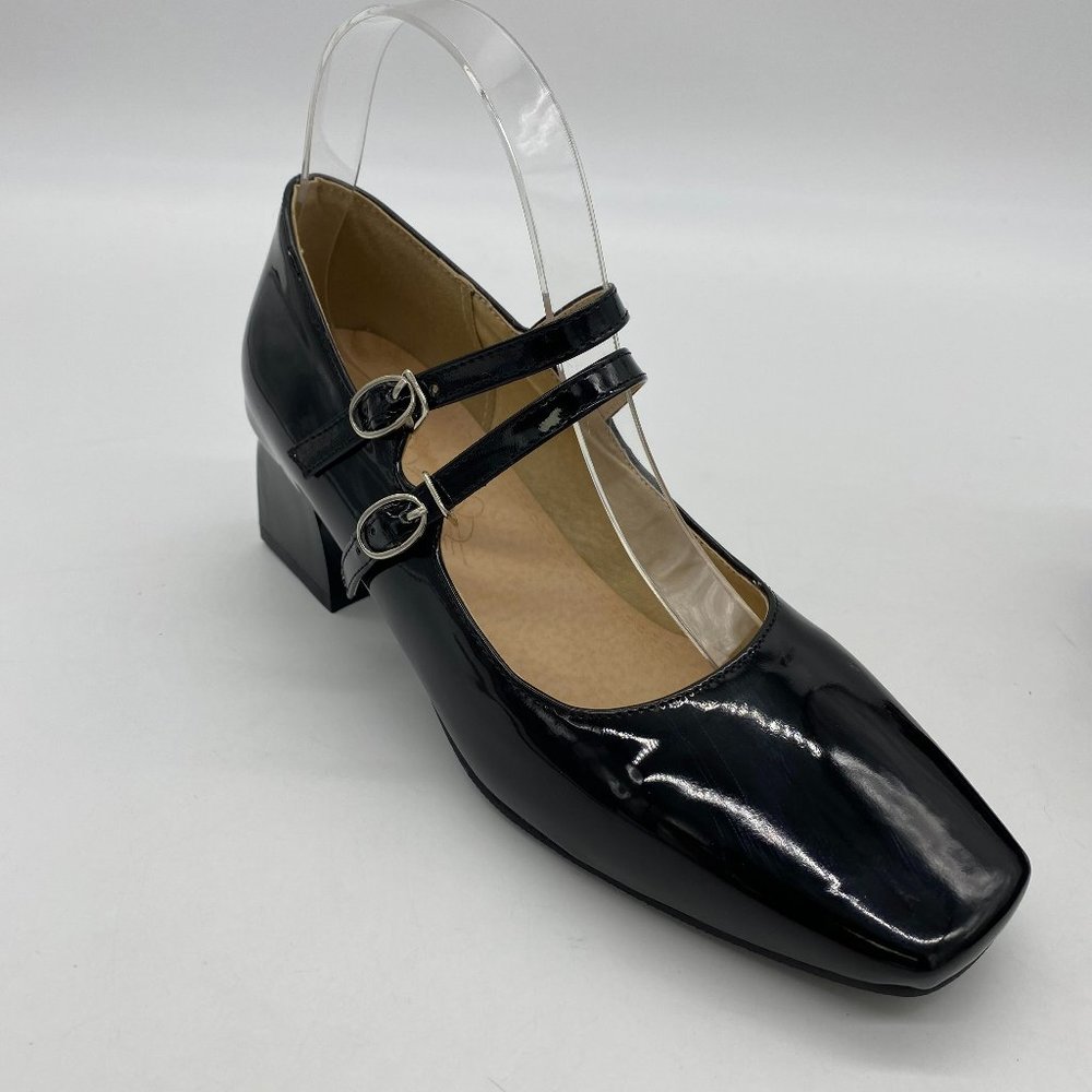 Black patent leather square toe chunky low heels slip on mary jane pumps shoes